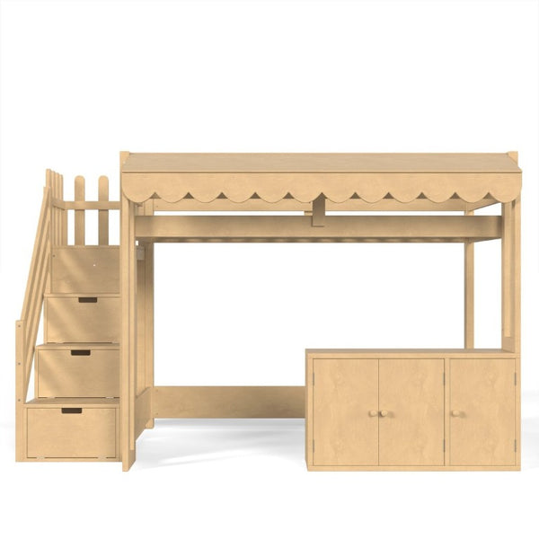 English Elm Twin Solid Pine Playhouse Loft Bed with Shop Counter Storage Stairs and Play Zone W5305S00149