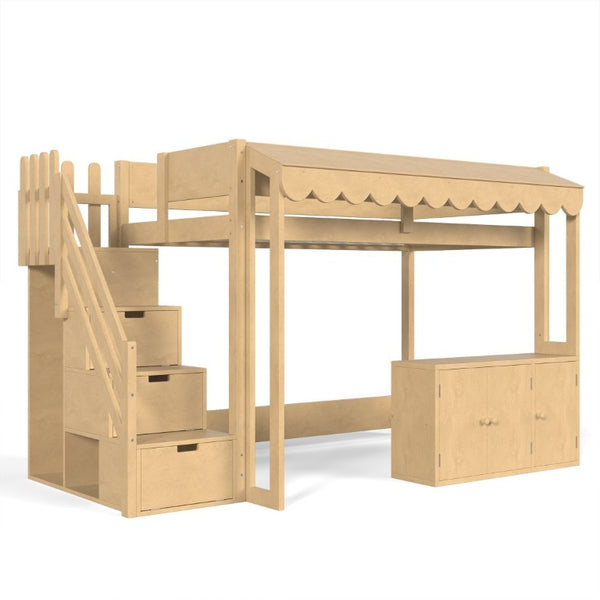 English Elm Twin Solid Pine Playhouse Loft Bed with Shop Counter Storage Stairs and Play Zone W5305S00149