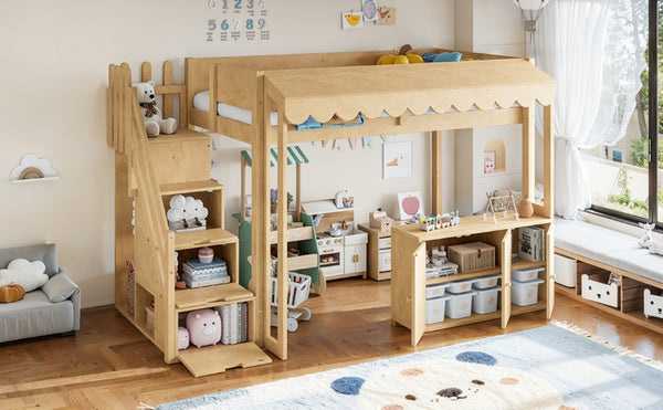 English Elm Twin Solid Pine Playhouse Loft Bed with Shop Counter Storage Stairs and Play Zone W5305S00149