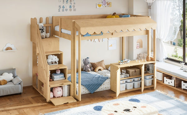 English Elm Twin Solid Pine Playhouse Loft Bed with Shop Counter Storage Stairs and Play Zone W5305S00149