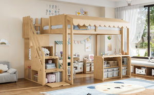 English Elm Twin Solid Pine Playhouse Loft Bed with Shop Counter Storage Stairs and Play Zone W5305S00149