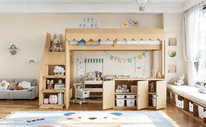 English Elm Twin Solid Pine Playhouse Loft Bed with Shop Counter Storage Stairs and Play Zone W5305S00149