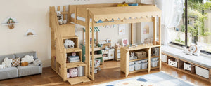 English Elm Twin Solid Pine Playhouse Loft Bed with Shop Counter Storage Stairs and Play Zone W5305S00149