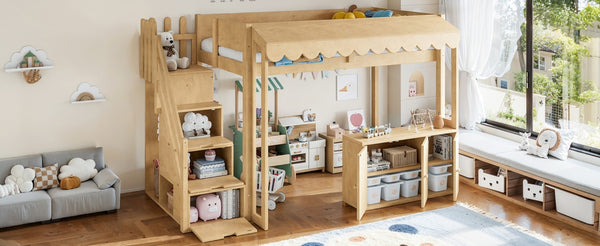 English Elm Twin Solid Pine Playhouse Loft Bed with Shop Counter Storage Stairs and Play Zone W5305S00149
