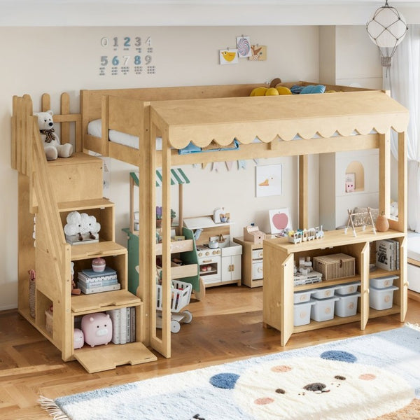 English Elm Twin Solid Pine Playhouse Loft Bed with Shop Counter Storage Stairs and Play Zone W5305S00149
