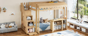 English Elm Twin Solid Pine Playhouse Loft Bed with Shop Counter Storage Stairs and Play Zone W5305S00149