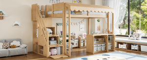 English Elm Twin Solid Pine Playhouse Loft Bed with Shop Counter Storage Stairs and Play Zone W5305S00149