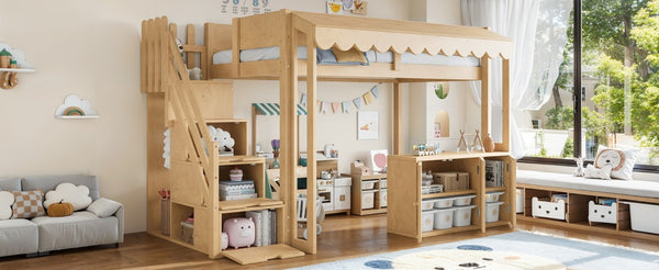 English Elm Twin Solid Pine Playhouse Loft Bed with Shop Counter Storage Stairs and Play Zone W5305S00149