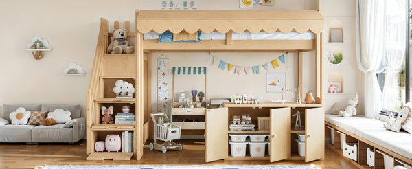 English Elm Twin Solid Pine Playhouse Loft Bed with Shop Counter Storage Stairs and Play Zone W5305S00149