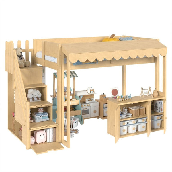 English Elm Twin Solid Pine Playhouse Loft Bed with Shop Counter Storage Stairs and Play Zone W5305S00149