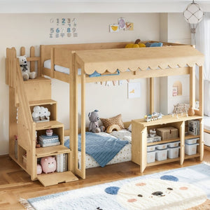 English Elm Twin Solid Pine Playhouse Loft Bed with Shop Counter Storage Stairs and Play Zone W5305S00149