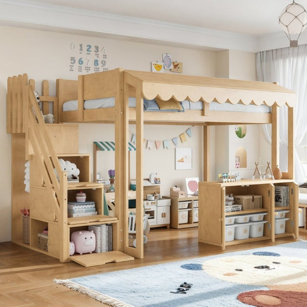 English Elm Twin Solid Pine Playhouse Loft Bed with Shop Counter Storage Stairs and Play Zone W5305S00149