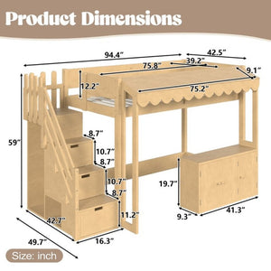 English Elm Twin Solid Pine Playhouse Loft Bed with Shop Counter Storage Stairs and Play Zone W5305S00149