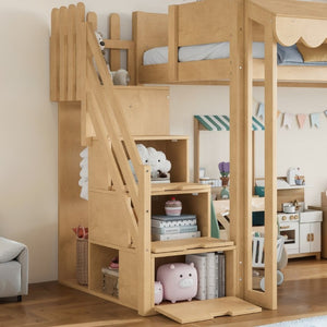 English Elm Twin Solid Pine Playhouse Loft Bed with Shop Counter Storage Stairs and Play Zone W5305S00149
