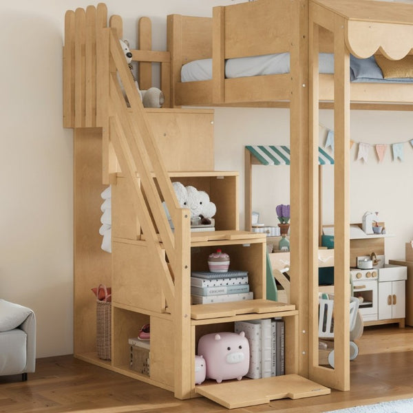 English Elm Twin Solid Pine Playhouse Loft Bed with Shop Counter Storage Stairs and Play Zone W5305S00149