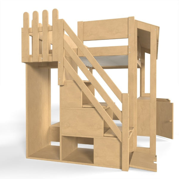 English Elm Twin Solid Pine Playhouse Loft Bed with Shop Counter Storage Stairs and Play Zone W5305S00149