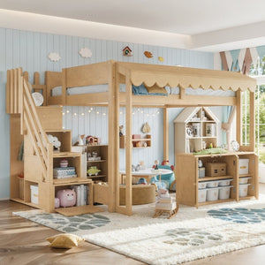 English Elm Full Pine Playhouse Loft Bed with Shop Counter Storage Stairs and Convertible Sleep Zone W5305S00150