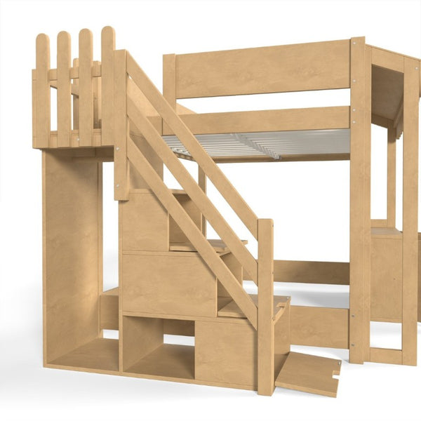 English Elm Full Pine Playhouse Loft Bed with Shop Counter Storage Stairs and Convertible Sleep Zone W5305S00150