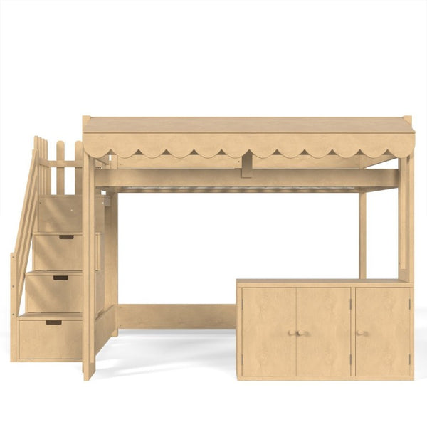 English Elm Full Pine Playhouse Loft Bed with Shop Counter Storage Stairs and Convertible Sleep Zone W5305S00150