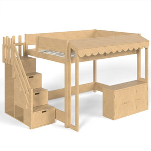 English Elm Full Pine Playhouse Loft Bed with Shop Counter Storage Stairs and Convertible Sleep Zone W5305S00150