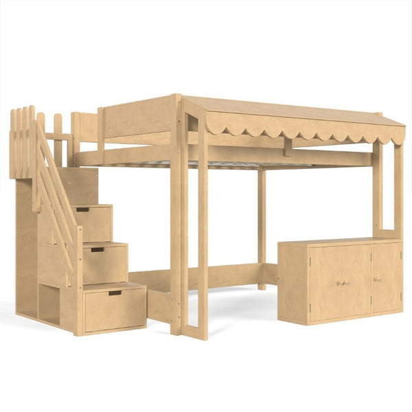 English Elm Full Pine Playhouse Loft Bed with Shop Counter Storage Stairs and Convertible Sleep Zone W5305S00150