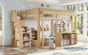 English Elm Full Pine Playhouse Loft Bed with Shop Counter Storage Stairs and Convertible Sleep Zone W5305S00150