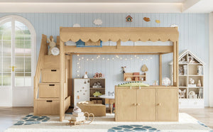 English Elm Full Pine Playhouse Loft Bed with Shop Counter Storage Stairs and Convertible Sleep Zone W5305S00150
