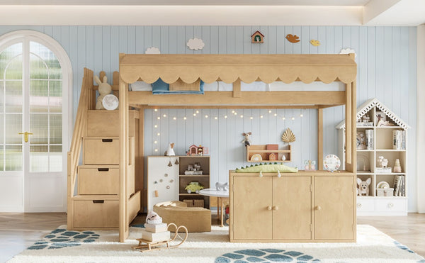 English Elm Full Pine Playhouse Loft Bed with Shop Counter Storage Stairs and Convertible Sleep Zone W5305S00150