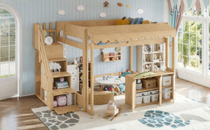 English Elm Full Pine Playhouse Loft Bed with Shop Counter Storage Stairs and Convertible Sleep Zone W5305S00150