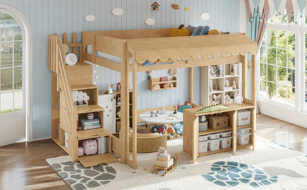 English Elm Full Pine Playhouse Loft Bed with Shop Counter Storage Stairs and Convertible Sleep Zone W5305S00150