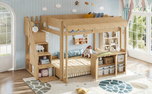 English Elm Full Pine Playhouse Loft Bed with Shop Counter Storage Stairs and Convertible Sleep Zone W5305S00150