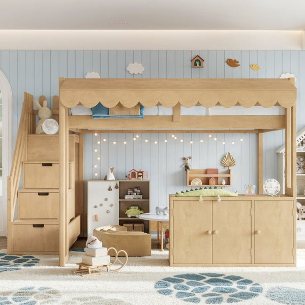 English Elm Full Pine Playhouse Loft Bed with Shop Counter Storage Stairs and Convertible Sleep Zone W5305S00150