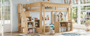 English Elm Full Pine Playhouse Loft Bed with Shop Counter Storage Stairs and Convertible Sleep Zone W5305S00150