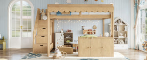 English Elm Full Pine Playhouse Loft Bed with Shop Counter Storage Stairs and Convertible Sleep Zone W5305S00150