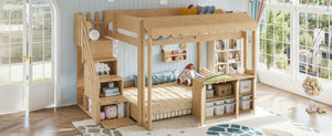 English Elm Full Pine Playhouse Loft Bed with Shop Counter Storage Stairs and Convertible Sleep Zone W5305S00150
