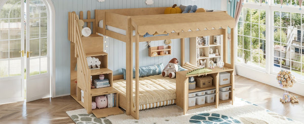 English Elm Full Pine Playhouse Loft Bed with Shop Counter Storage Stairs and Convertible Sleep Zone W5305S00150