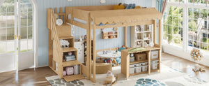 English Elm Full Pine Playhouse Loft Bed with Shop Counter Storage Stairs and Convertible Sleep Zone W5305S00150
