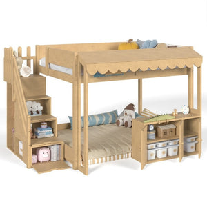 English Elm Full Pine Playhouse Loft Bed with Shop Counter Storage Stairs and Convertible Sleep Zone W5305S00150