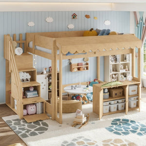 English Elm Full Pine Playhouse Loft Bed with Shop Counter Storage Stairs and Convertible Sleep Zone W5305S00150