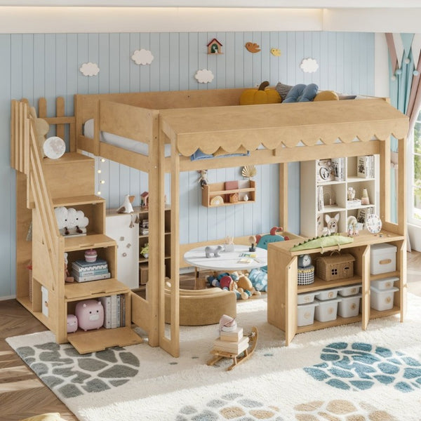 English Elm Full Pine Playhouse Loft Bed with Shop Counter Storage Stairs and Convertible Sleep Zone W5305S00150