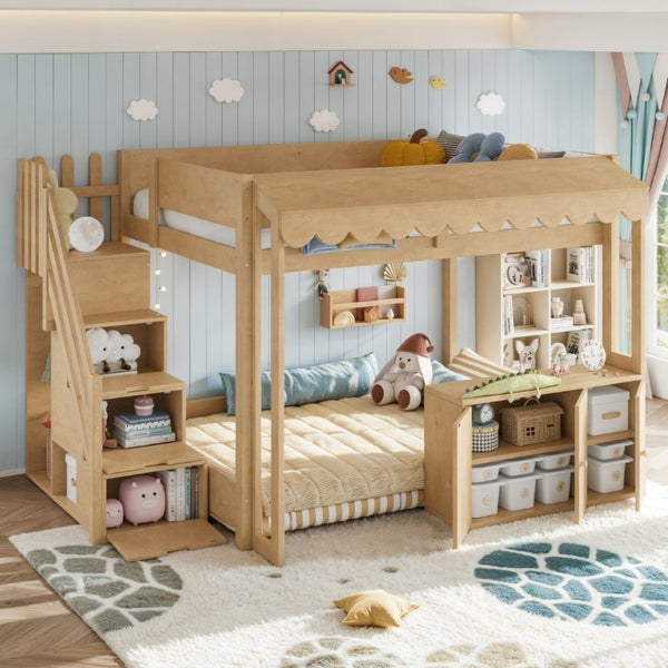 English Elm Full Pine Playhouse Loft Bed with Shop Counter Storage Stairs and Convertible Sleep Zone W5305S00150