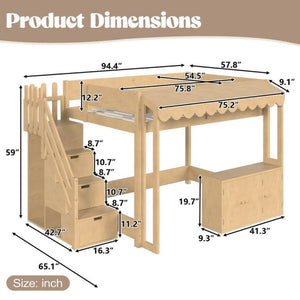 English Elm Full Pine Playhouse Loft Bed with Shop Counter Storage Stairs and Convertible Sleep Zone W5305S00150
