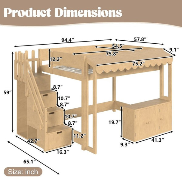 English Elm Full Pine Playhouse Loft Bed with Shop Counter Storage Stairs and Convertible Sleep Zone W5305S00150