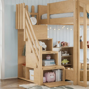 English Elm Full Pine Playhouse Loft Bed with Shop Counter Storage Stairs and Convertible Sleep Zone W5305S00150