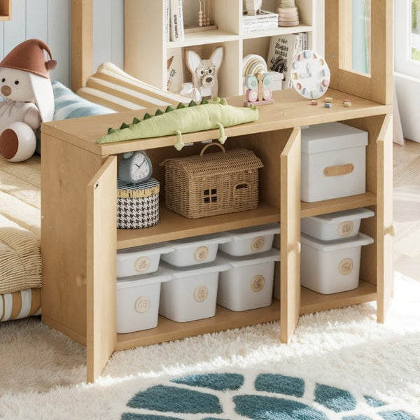 English Elm Full Pine Playhouse Loft Bed with Shop Counter Storage Stairs and Convertible Sleep Zone W5305S00150