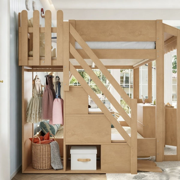 English Elm Full Pine Playhouse Loft Bed with Shop Counter Storage Stairs and Convertible Sleep Zone W5305S00150