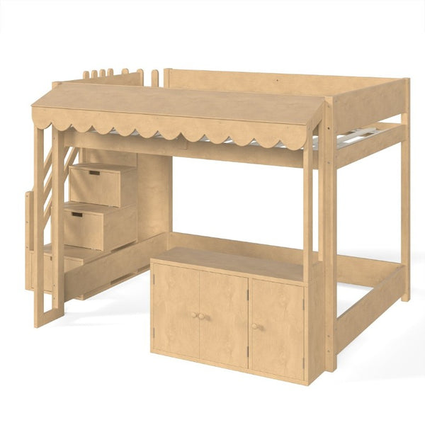 English Elm Full Pine Playhouse Loft Bed with Shop Counter Storage Stairs and Convertible Sleep Zone W5305S00150