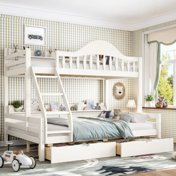 English Elm Twin Over Full Solid Pine Bunk Bed with Curved Guardrail Storage Drawers and Shelves Beige W5305S00151
