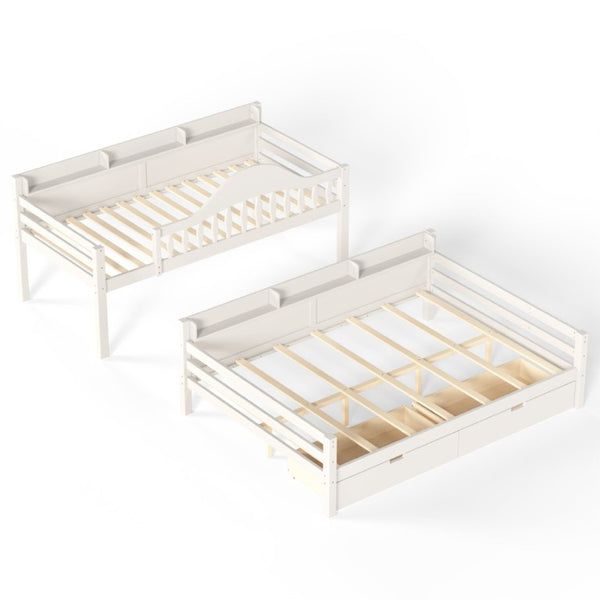 English Elm Twin Over Full Solid Pine Bunk Bed with Curved Guardrail Storage Drawers and Shelves Beige W5305S00151