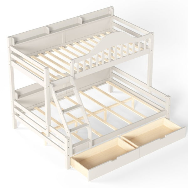 English Elm Twin Over Full Solid Pine Bunk Bed with Curved Guardrail Storage Drawers and Shelves Beige W5305S00151